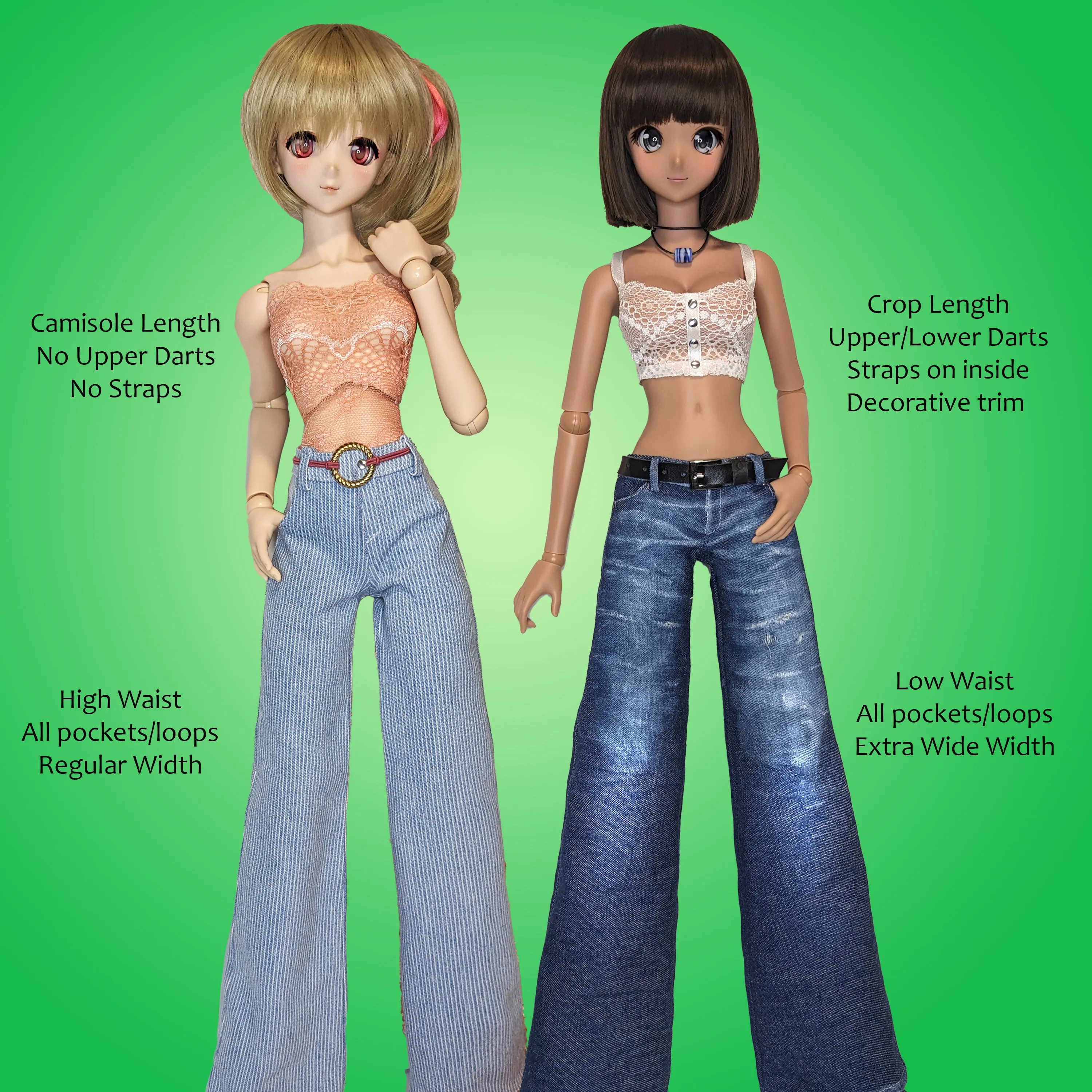 1/3 Rave! 60cm Resin & Vinyl BJD Dolls - Crop top camisole and wide leg flare jeans or pants - Downloadable RAD Doll Clothes PDF Sewing Pattern