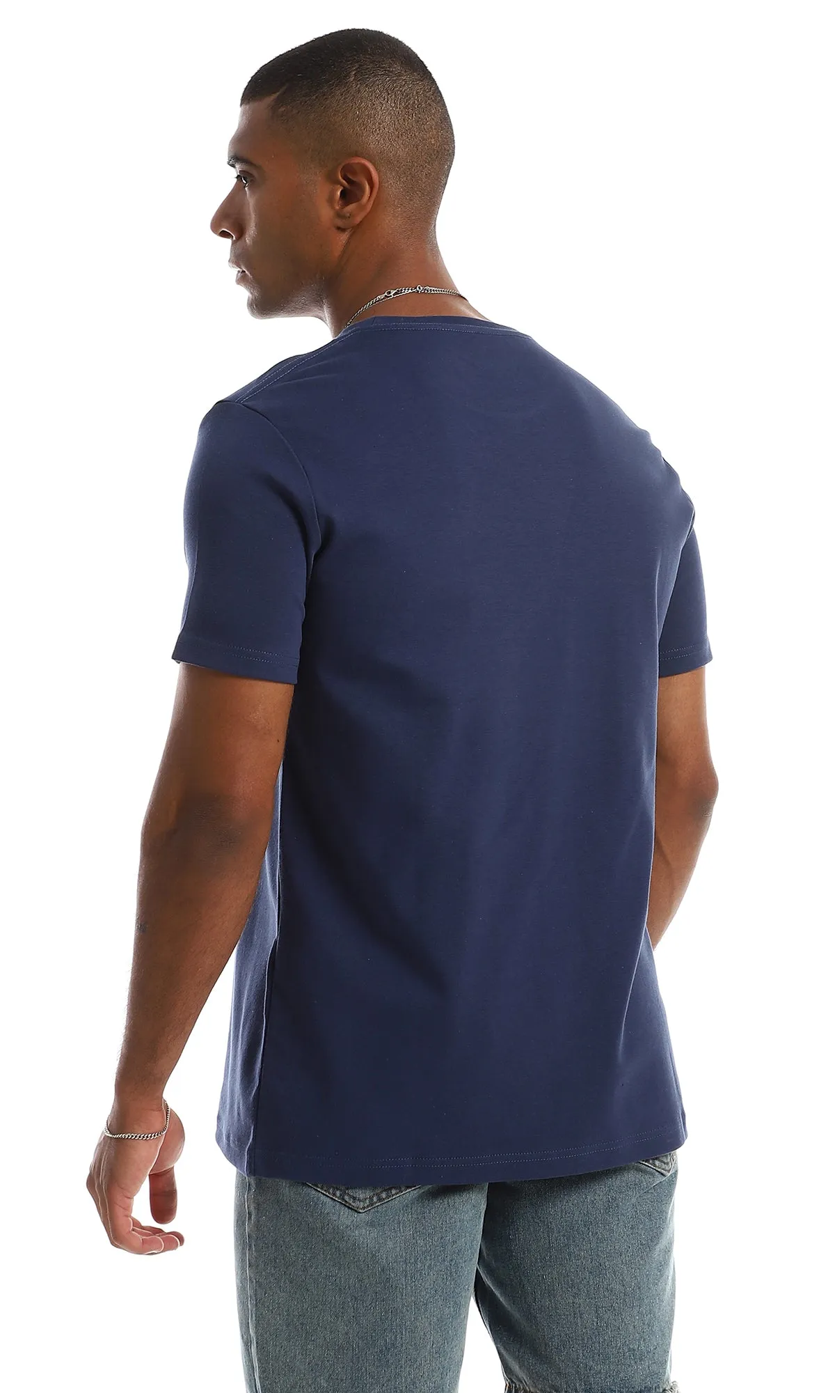 97412 Chest Printed Cotton Navy Blue T-Shirt