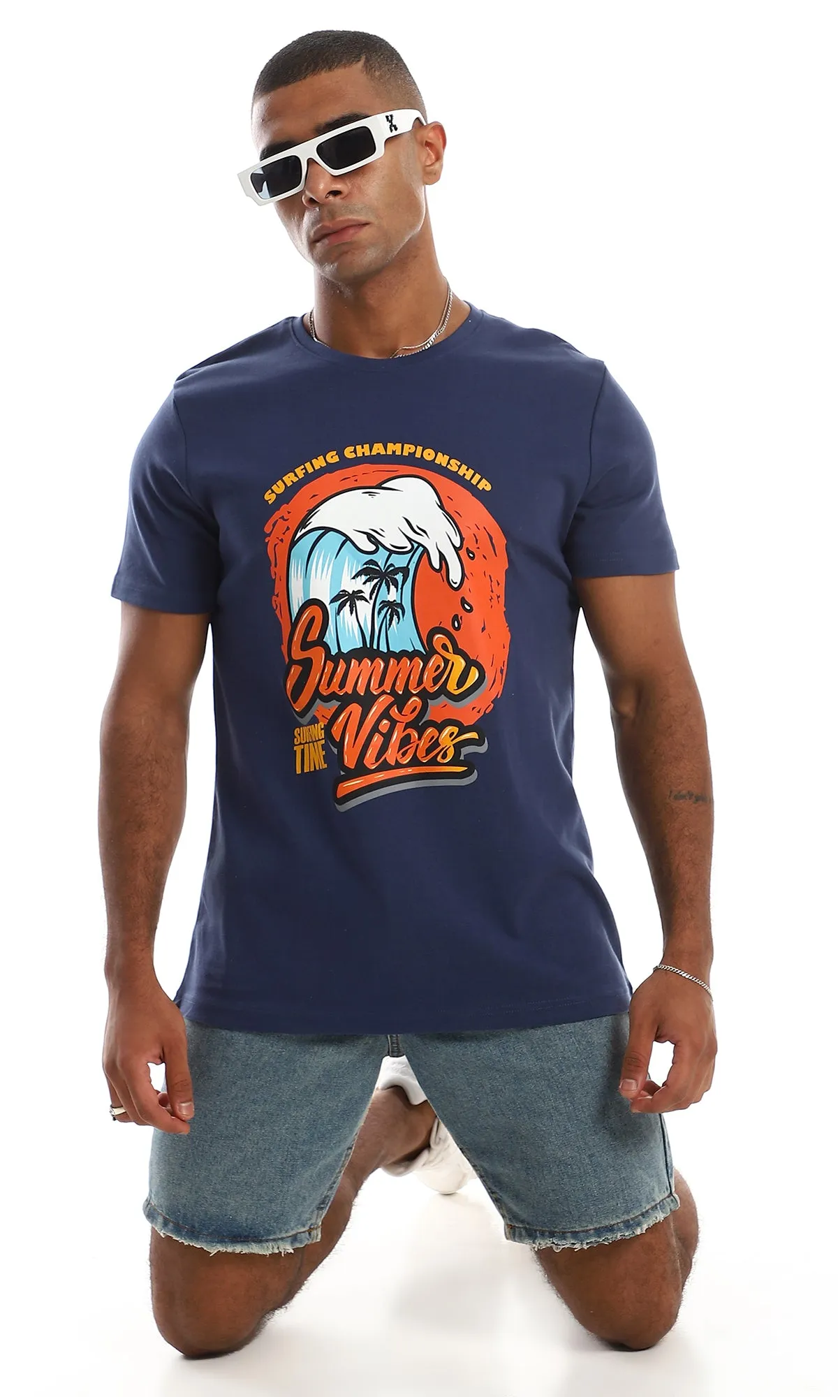 97412 Chest Printed Cotton Navy Blue T-Shirt