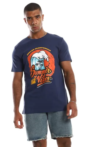 97412 Chest Printed Cotton Navy Blue T-Shirt