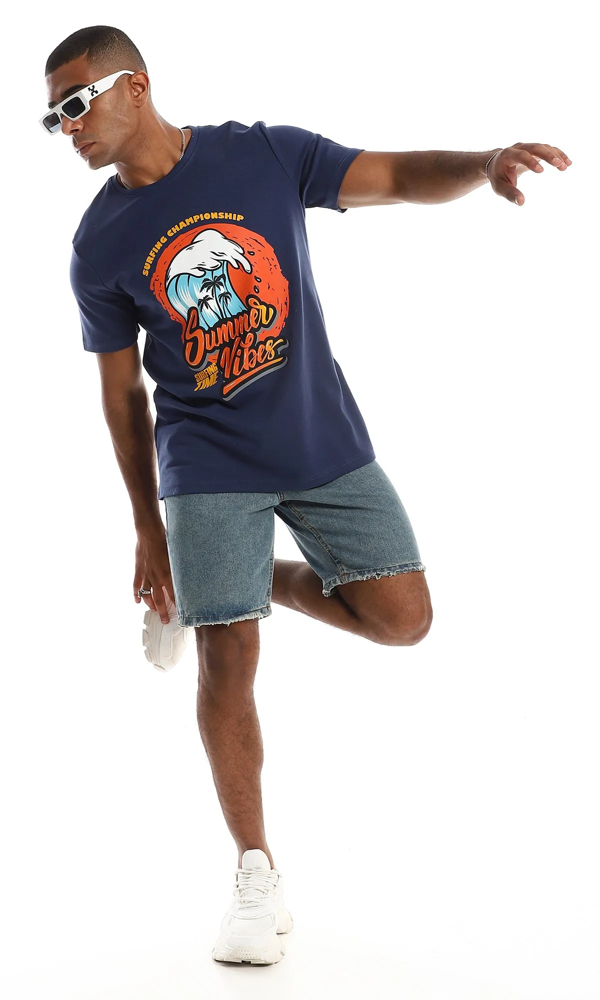 97412 Chest Printed Cotton Navy Blue T-Shirt