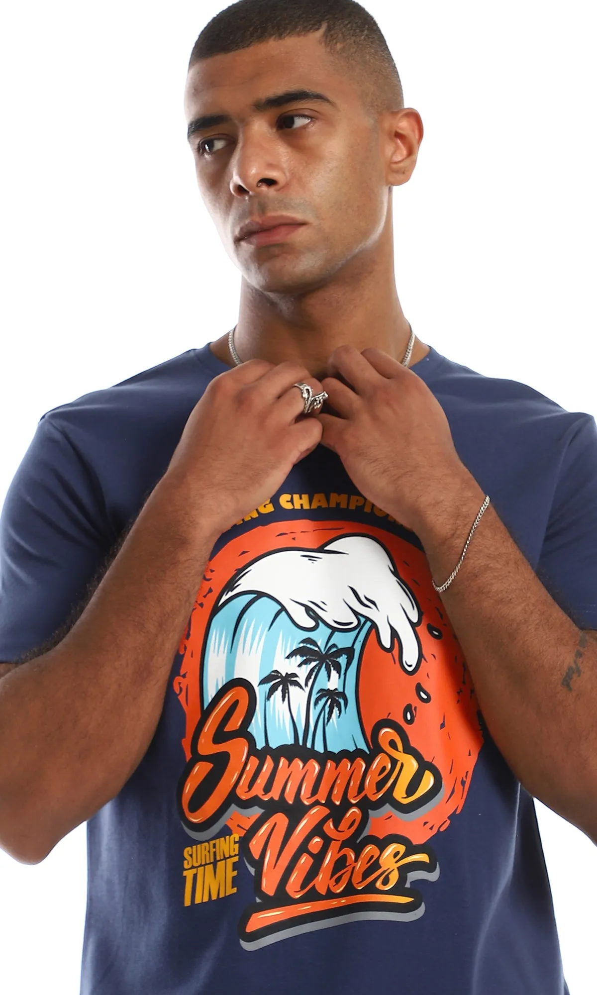 97412 Chest Printed Cotton Navy Blue T-Shirt