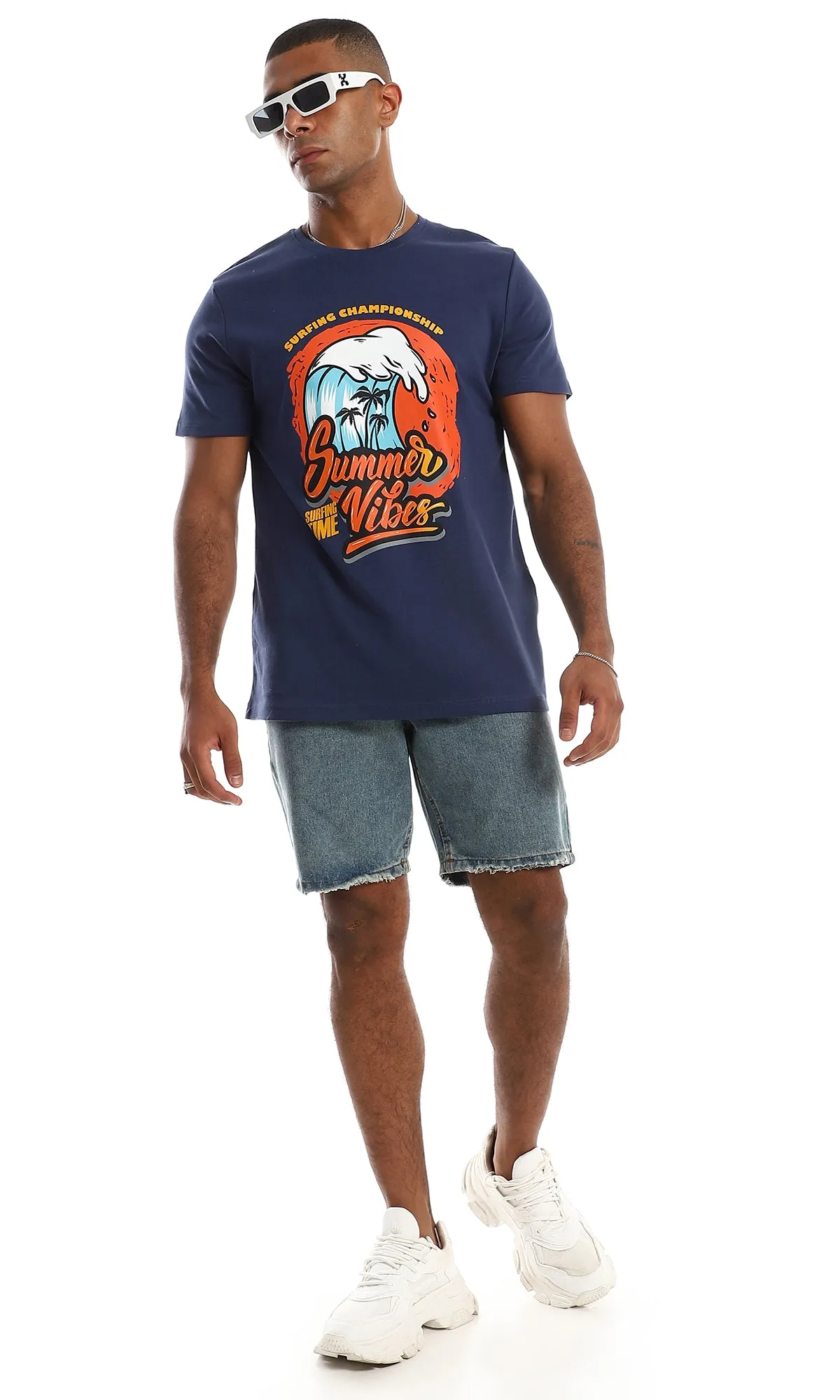97412 Chest Printed Cotton Navy Blue T-Shirt