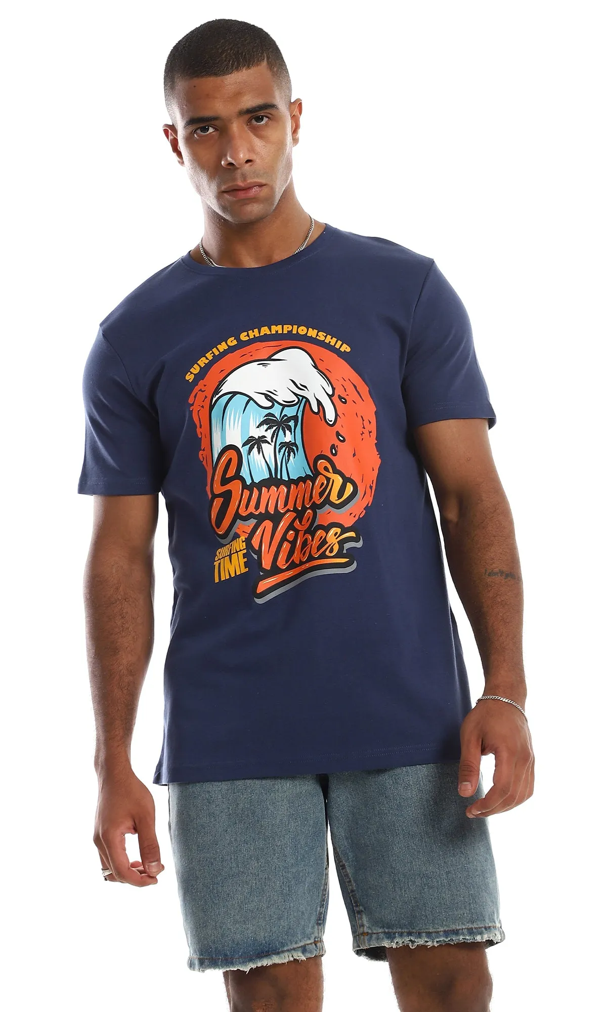 97412 Chest Printed Cotton Navy Blue T-Shirt