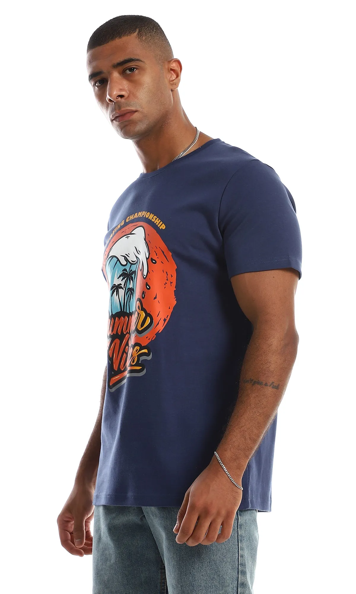 97412 Chest Printed Cotton Navy Blue T-Shirt