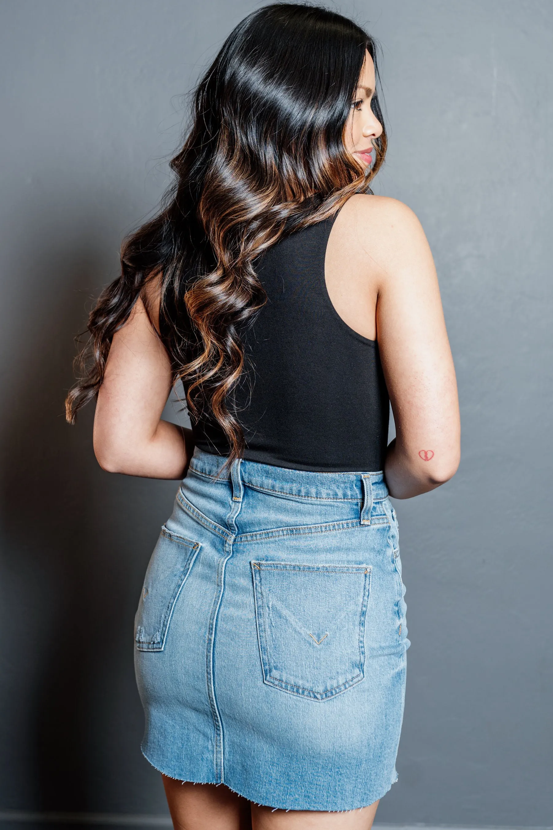 A-Line Raw Hem Viper Mini Denim Skirt