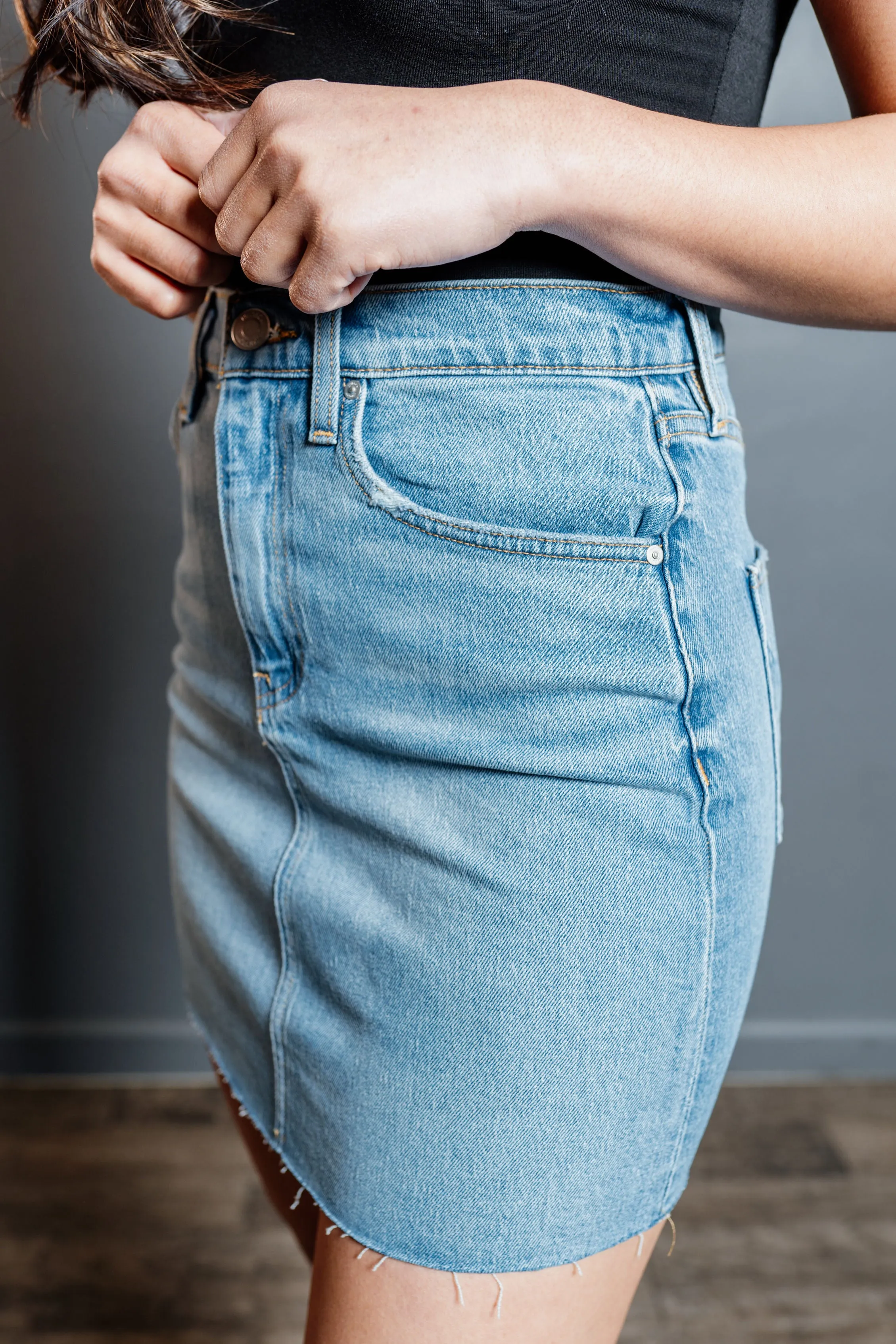 A-Line Raw Hem Viper Mini Denim Skirt