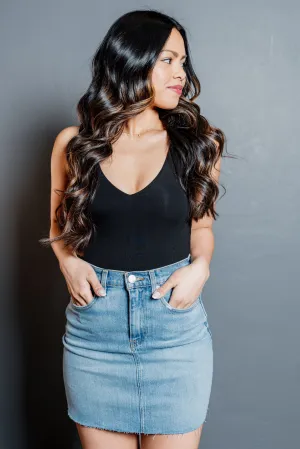 A-Line Raw Hem Viper Mini Denim Skirt
