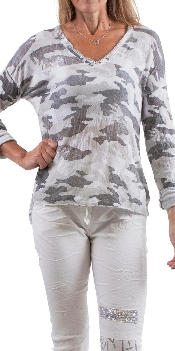 Alana Long Sleeve V-Neck Camo Sweater