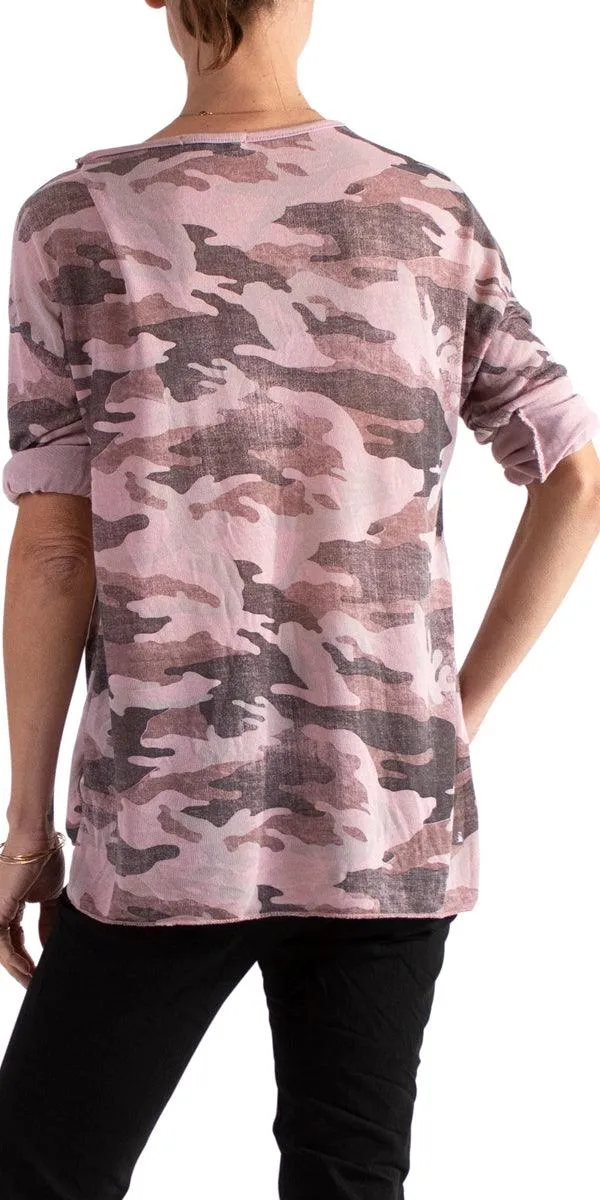 Alana Long Sleeve V-Neck Camo Sweater