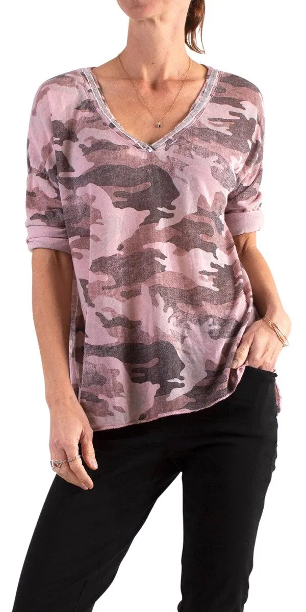 Alana Long Sleeve V-Neck Camo Sweater