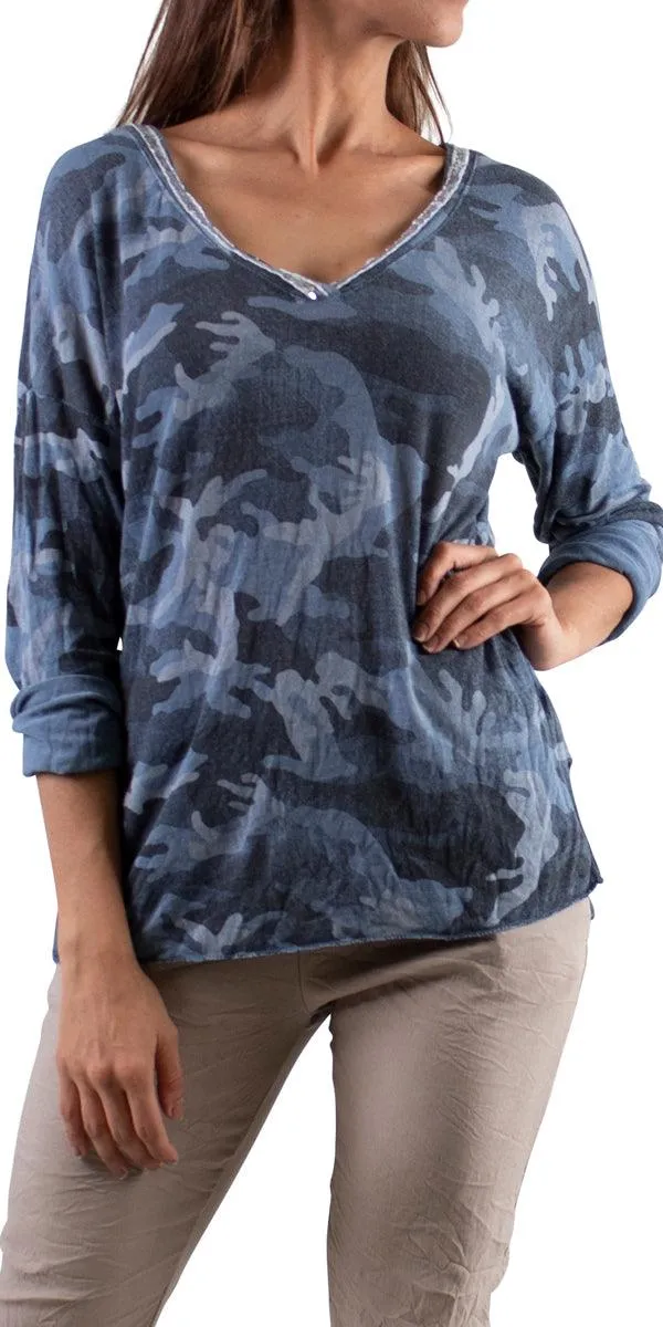 Alana Long Sleeve V-Neck Camo Sweater