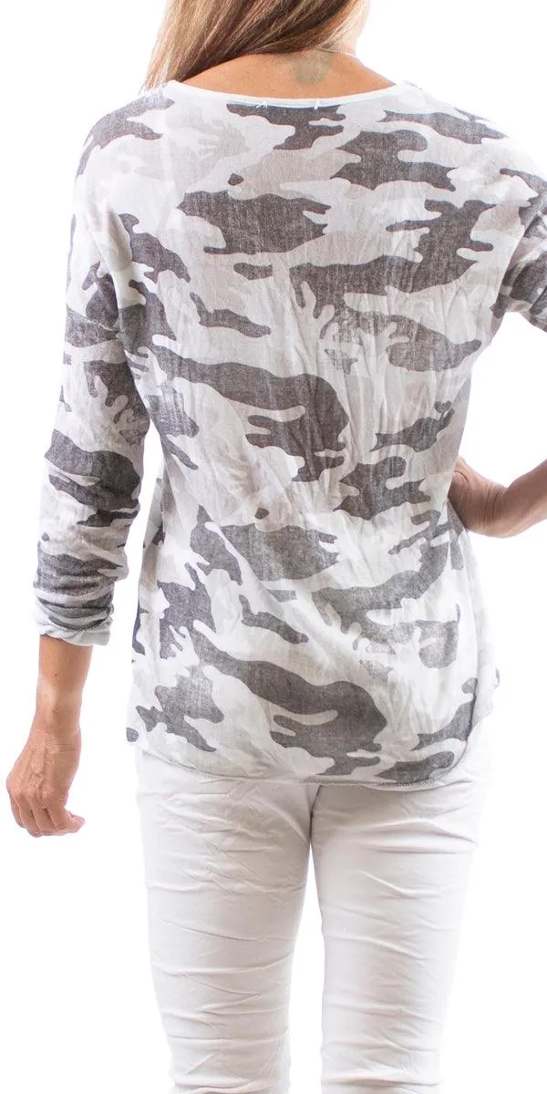 Alana Long Sleeve V-Neck Camo Sweater