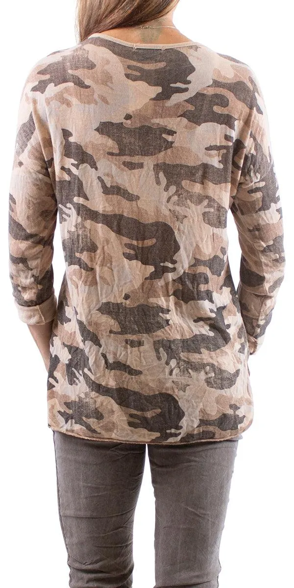 Alana Long Sleeve V-Neck Camo Sweater