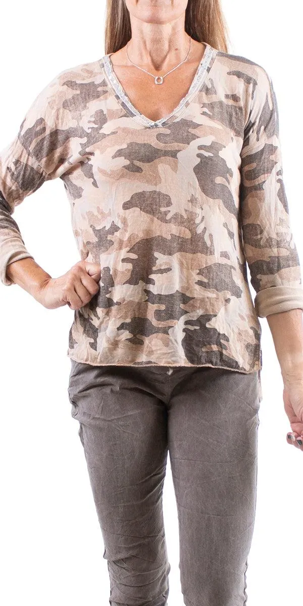 Alana Long Sleeve V-Neck Camo Sweater