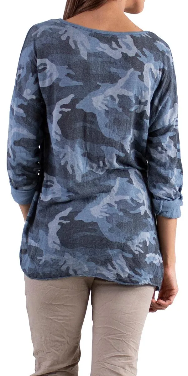 Alana Long Sleeve V-Neck Camo Sweater