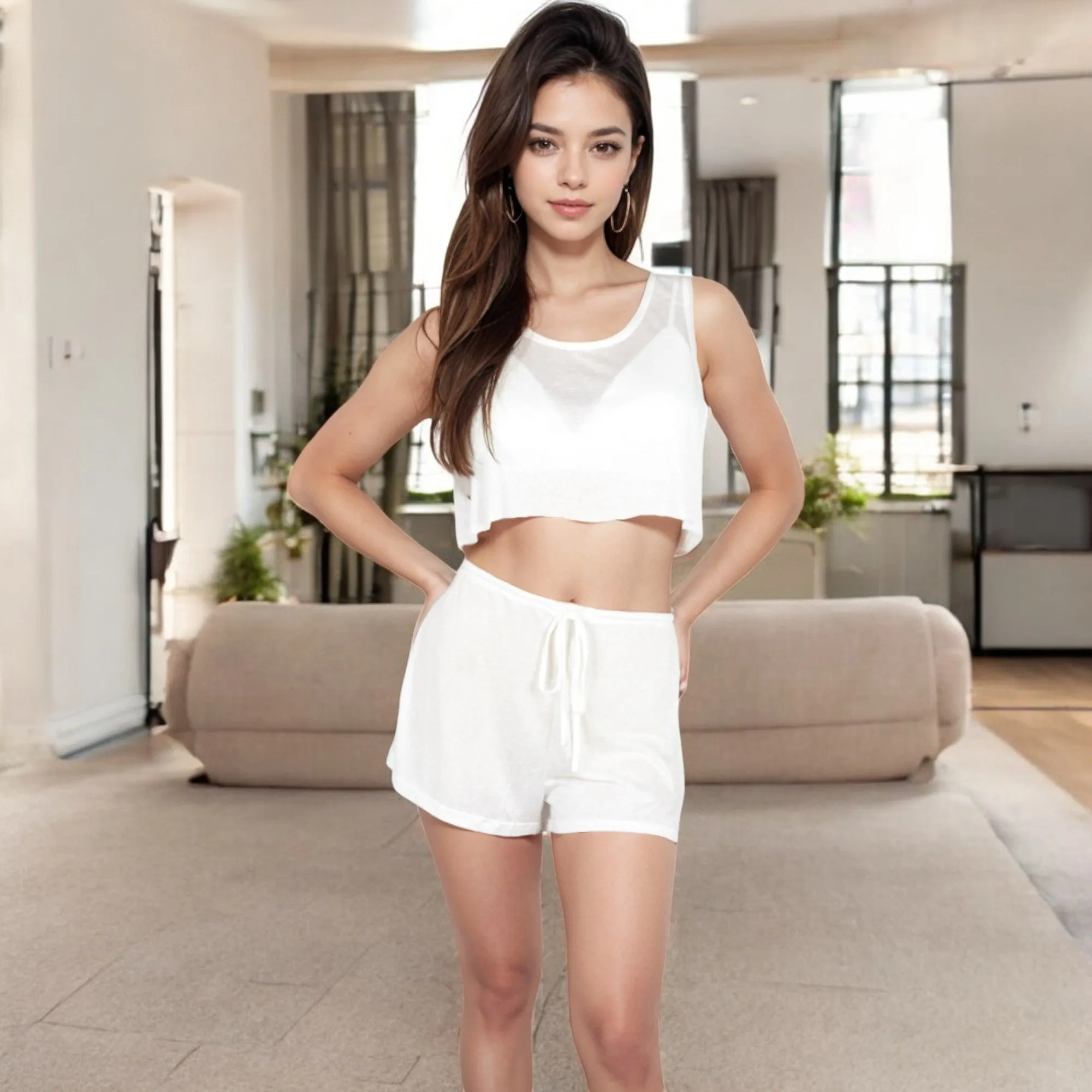 Anna-Kaci Women's Cropped Tank and Drawstring Shorts Lounge Set