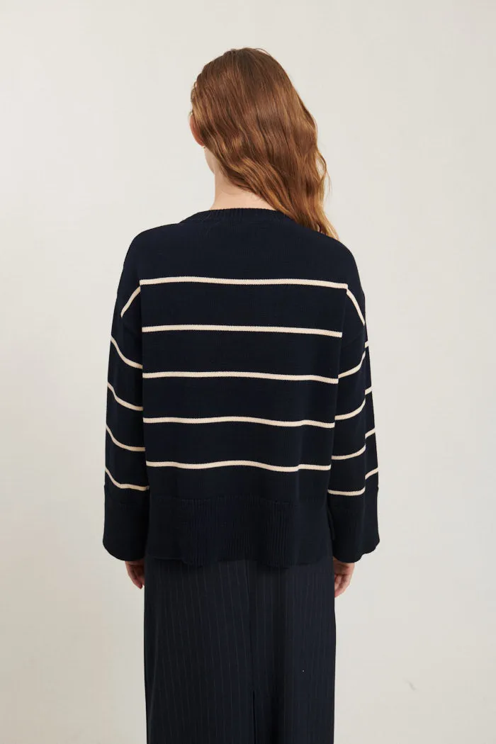 Basic Apparel Winie O-Neck Stripe - Navy/Birch