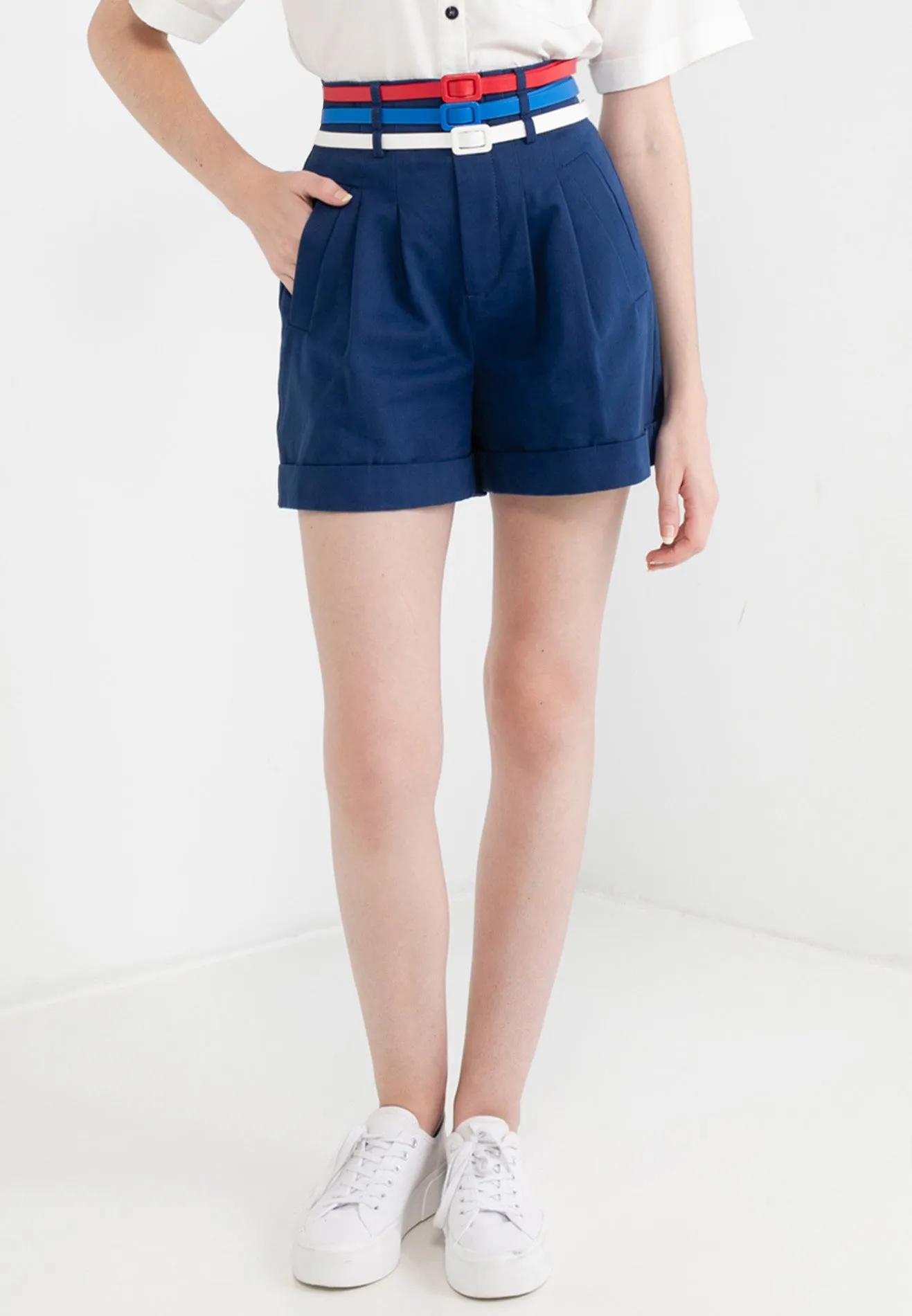 Be Paris Collection: Triple Belt Pocket Pleated Shorts