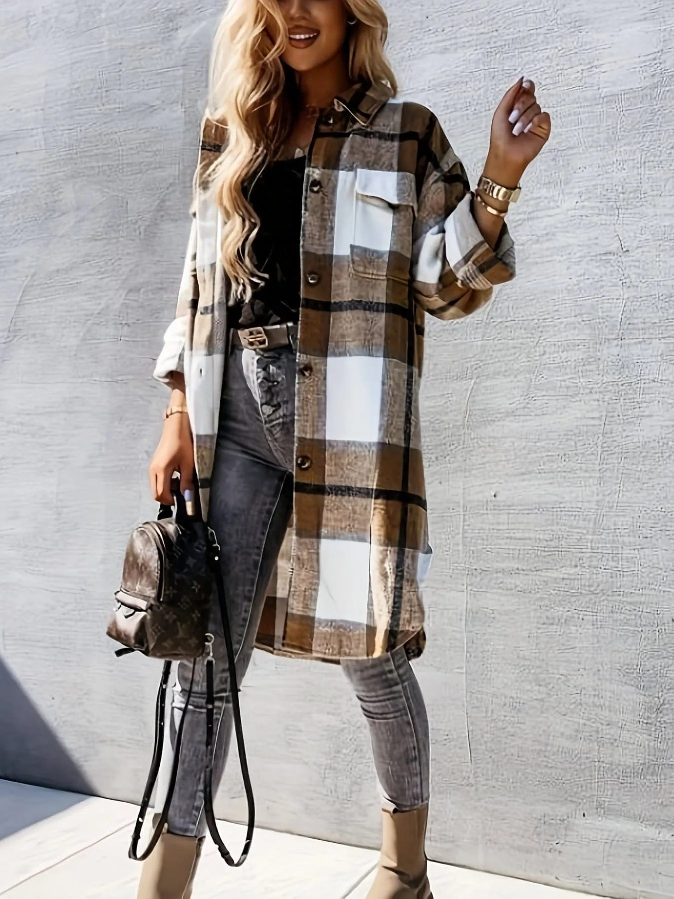 Black and White Plaid Long Jacket