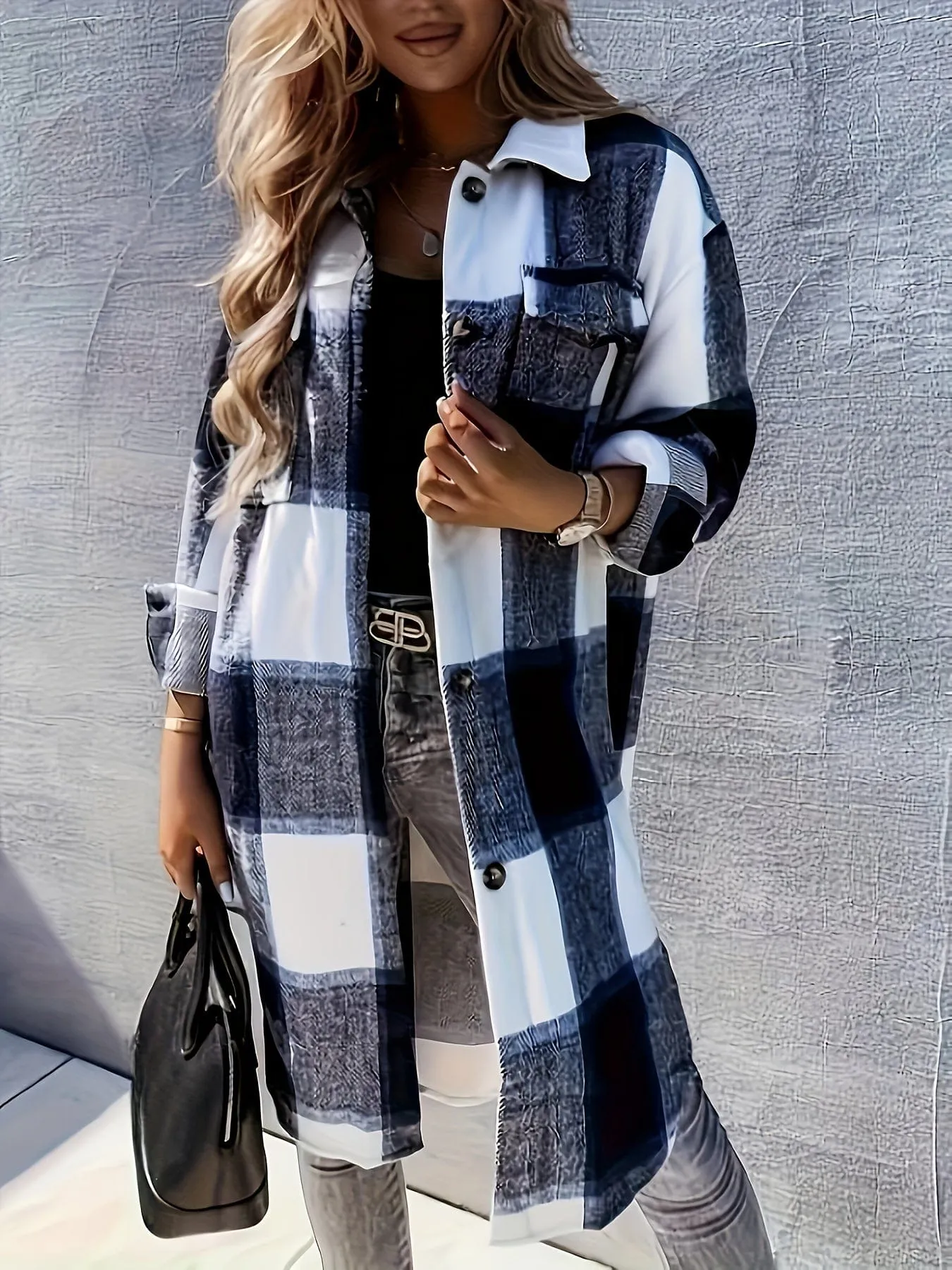 Black and White Plaid Long Jacket