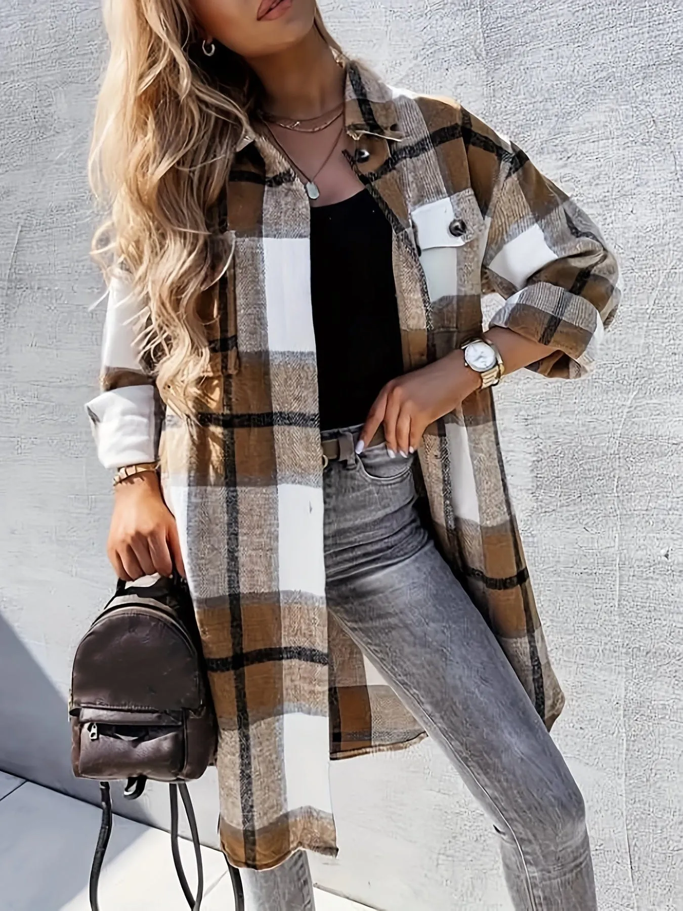 Black and White Plaid Long Jacket