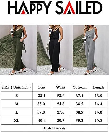 Blue Front Button Women's Casual Sleeveless Front Button Loose Jumpsuits Stretchy Long Pants Romper with Pockets - Happy Sailed