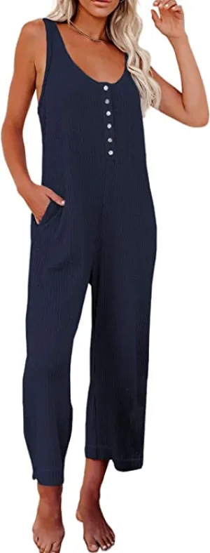 Blue Front Button Women's Casual Sleeveless Front Button Loose Jumpsuits Stretchy Long Pants Romper with Pockets - Happy Sailed