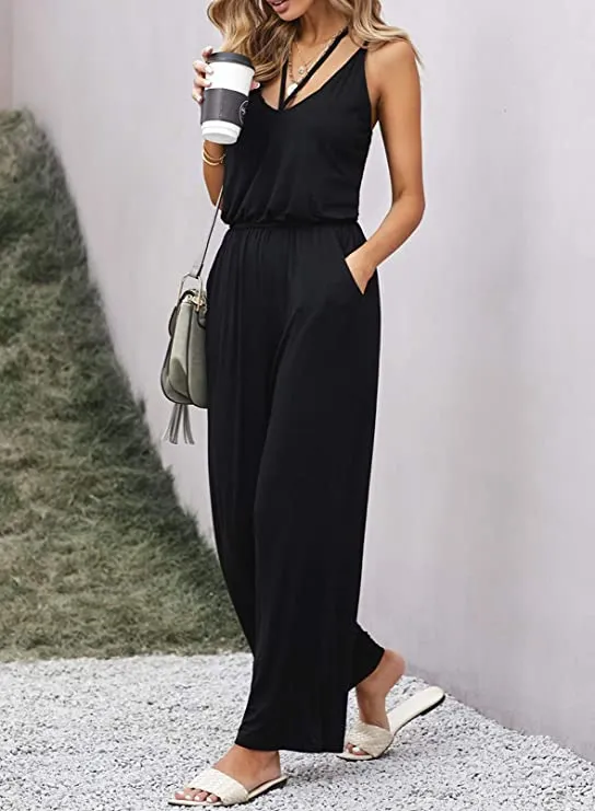 Blue Front Button Women's Casual Sleeveless Front Button Loose Jumpsuits Stretchy Long Pants Romper with Pockets - Happy Sailed