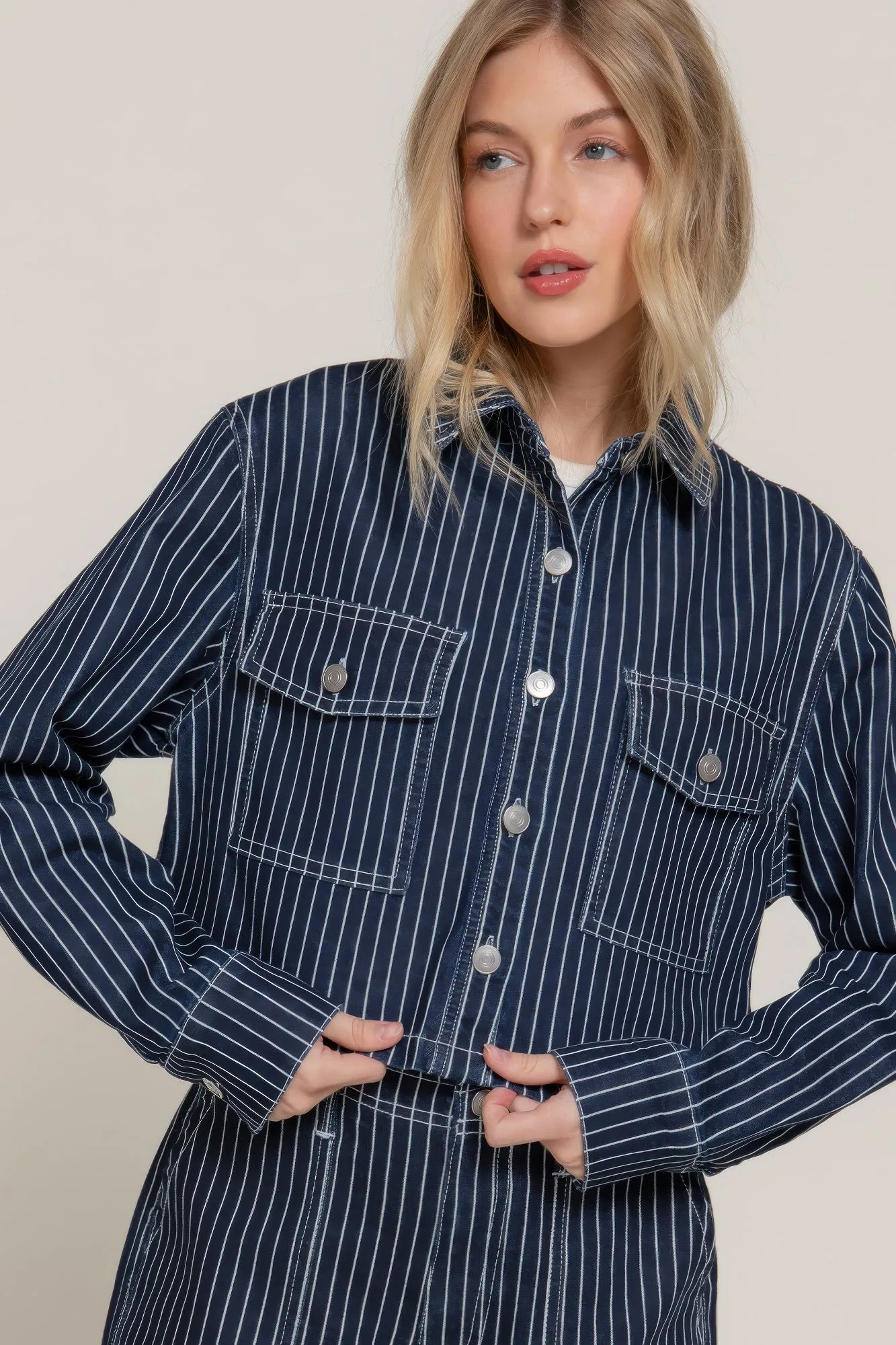 Button Down Stripe Denim Short Jacket