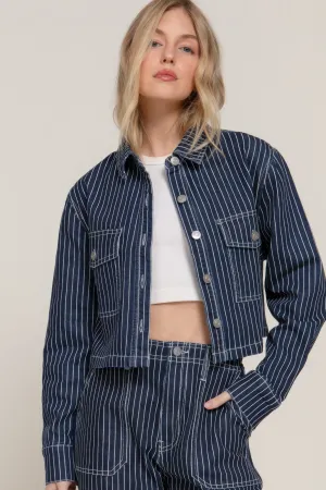 Button Down Stripe Denim Short Jacket