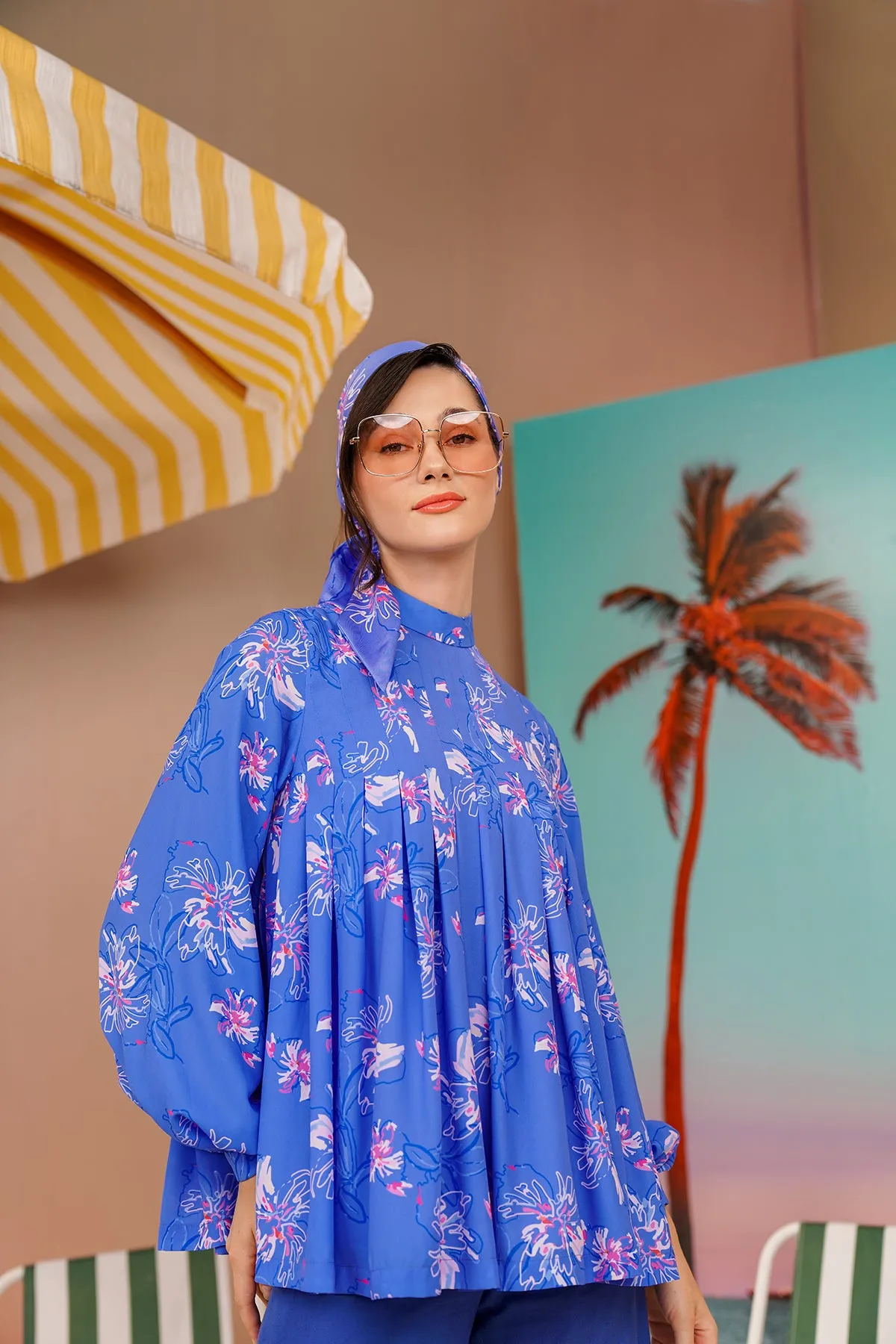 Buttonscarves X Jovian Paradiso Paula Pleated Blouse In Marina Blue