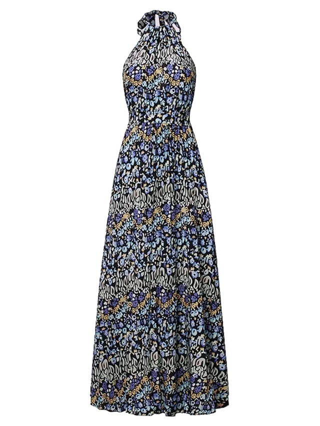 Casual Dress Swing Dress Polka√Ç¬†Dot√Ç¬†Dress Long Dress Maxi Dress Chiffon Dress Pleated Green Black Blue Sleeveless Print Spring Summer Halter Neck Vacation Beach Daily  S M L XL for Women