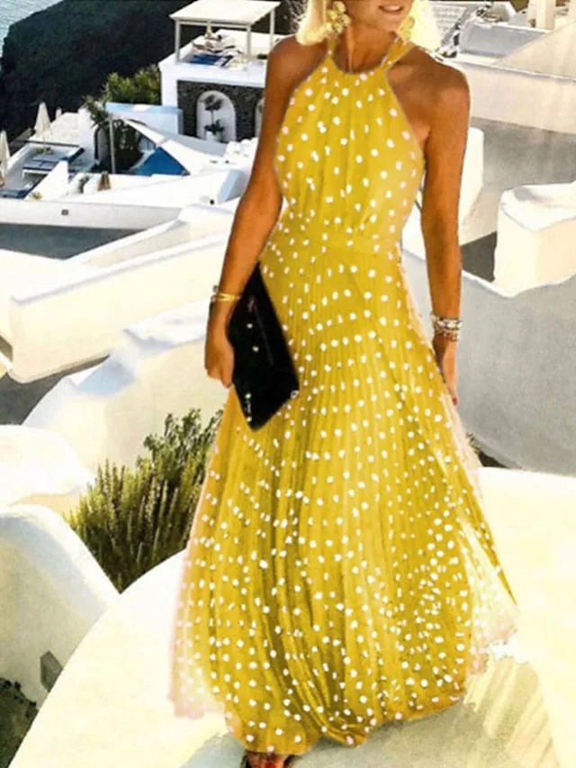Casual Dress Swing Dress Polka√Ç¬†Dot√Ç¬†Dress Long Dress Maxi Dress Chiffon Dress Pleated Green Black Blue Sleeveless Print Spring Summer Halter Neck Vacation Beach Daily  S M L XL for Women