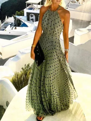 Casual Dress Swing Dress Polka√Ç¬†Dot√Ç¬†Dress Long Dress Maxi Dress Chiffon Dress Pleated Green Black Blue Sleeveless Print Spring Summer Halter Neck Vacation Beach Daily  S M L XL for Women