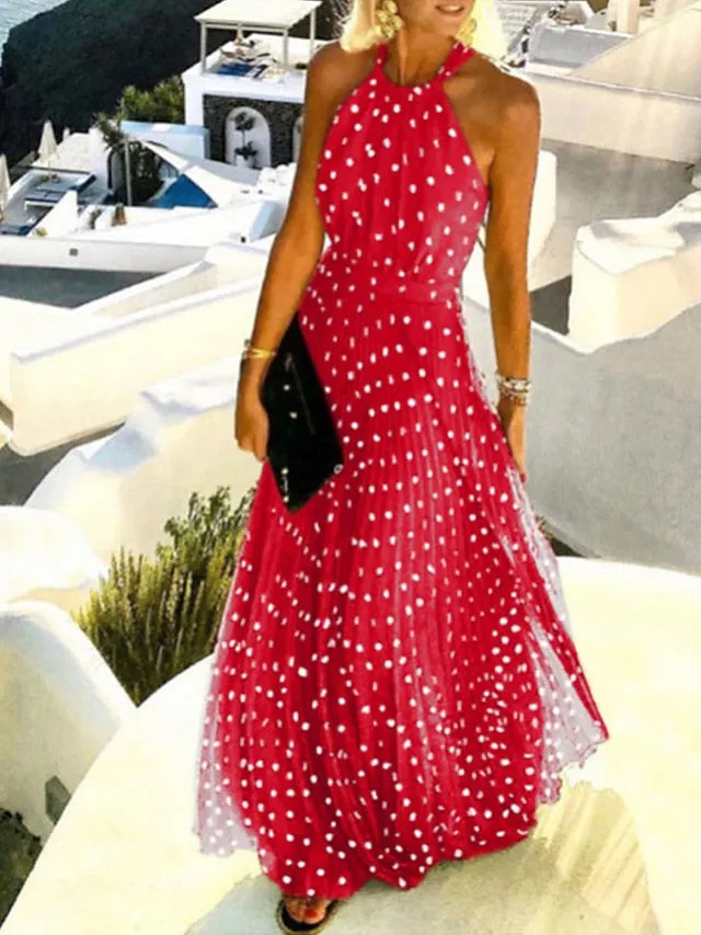 Casual Dress Swing Dress Polka√Ç¬†Dot√Ç¬†Dress Long Dress Maxi Dress Chiffon Dress Pleated Green Black Blue Sleeveless Print Spring Summer Halter Neck Vacation Beach Daily  S M L XL for Women