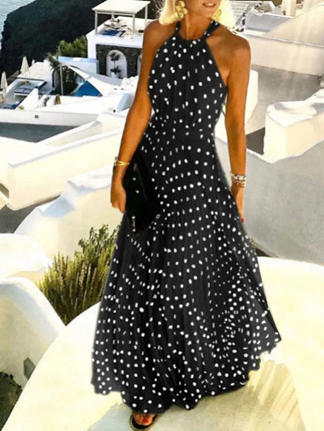 Casual Dress Swing Dress Polka√Ç¬†Dot√Ç¬†Dress Long Dress Maxi Dress Chiffon Dress Pleated Green Black Blue Sleeveless Print Spring Summer Halter Neck Vacation Beach Daily  S M L XL for Women