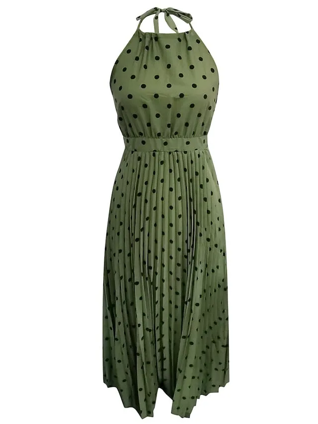 Casual Dress Swing Dress Polka√Ç¬†Dot√Ç¬†Dress Long Dress Maxi Dress Chiffon Dress Pleated Green Black Blue Sleeveless Print Spring Summer Halter Neck Vacation Beach Daily  S M L XL for Women