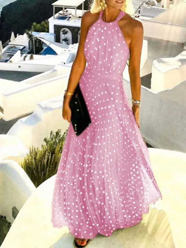 Casual Dress Swing Dress Polka√Ç¬†Dot√Ç¬†Dress Long Dress Maxi Dress Chiffon Dress Pleated Green Black Blue Sleeveless Print Spring Summer Halter Neck Vacation Beach Daily  S M L XL for Women