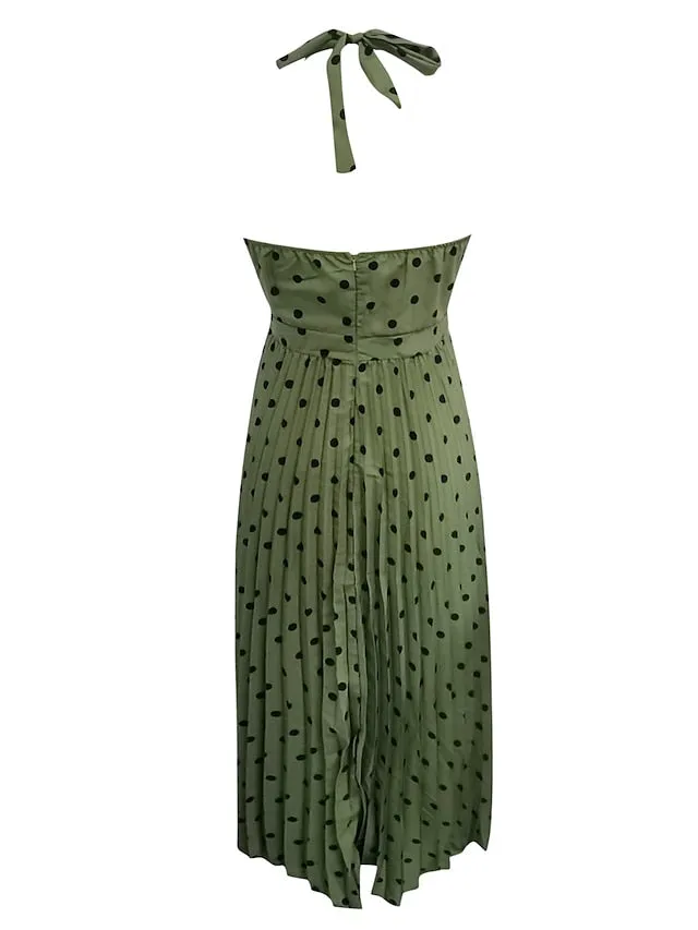 Casual Dress Swing Dress Polka√Ç¬†Dot√Ç¬†Dress Long Dress Maxi Dress Chiffon Dress Pleated Green Black Blue Sleeveless Print Spring Summer Halter Neck Vacation Beach Daily  S M L XL for Women
