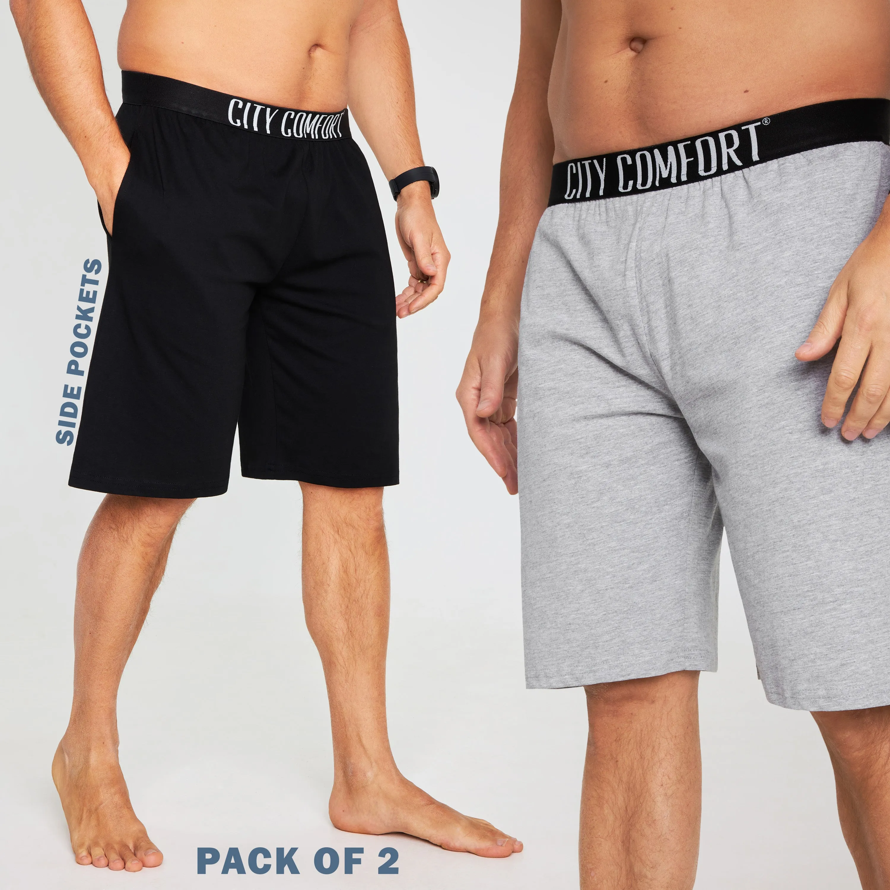 CityComfort Mens Pyjama Shorts - Jersey Lounge Wear with Pockets Pack of 2