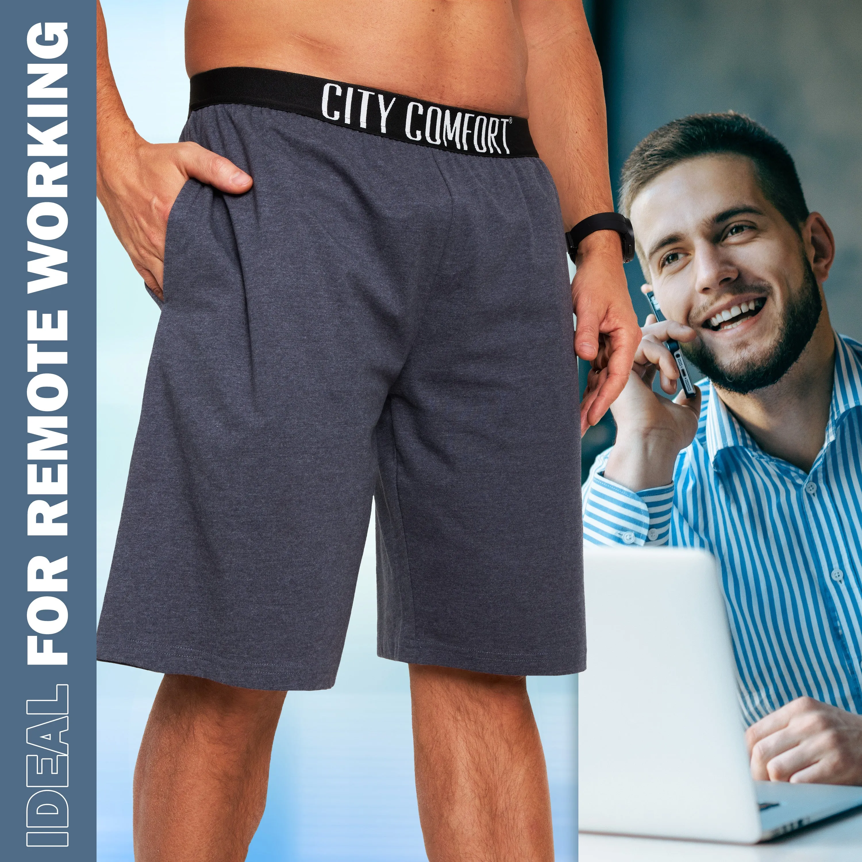 CityComfort Mens Pyjama Shorts - Jersey Lounge Wear with Pockets Pack of 2