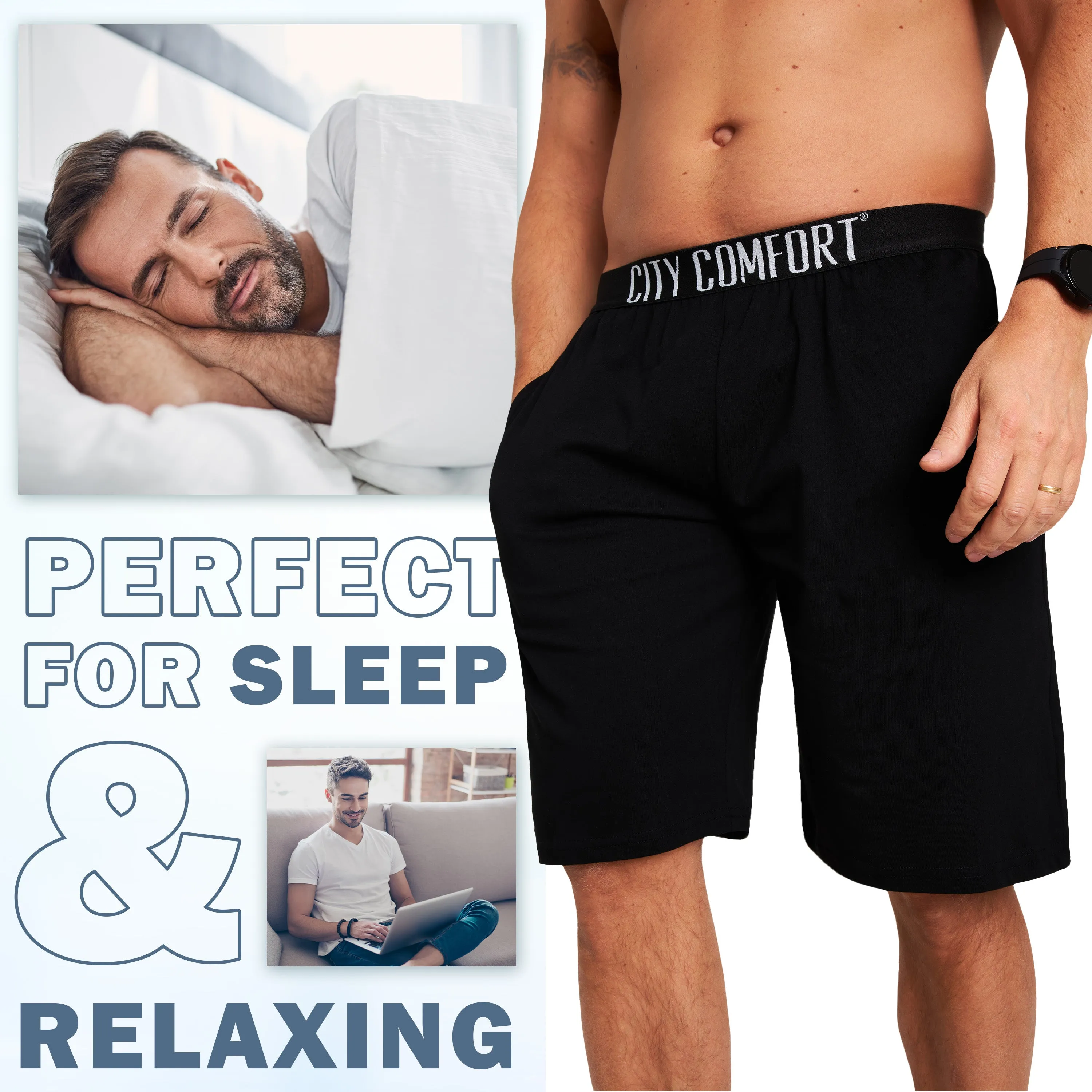 CityComfort Mens Pyjama Shorts - Jersey Lounge Wear with Pockets Pack of 2