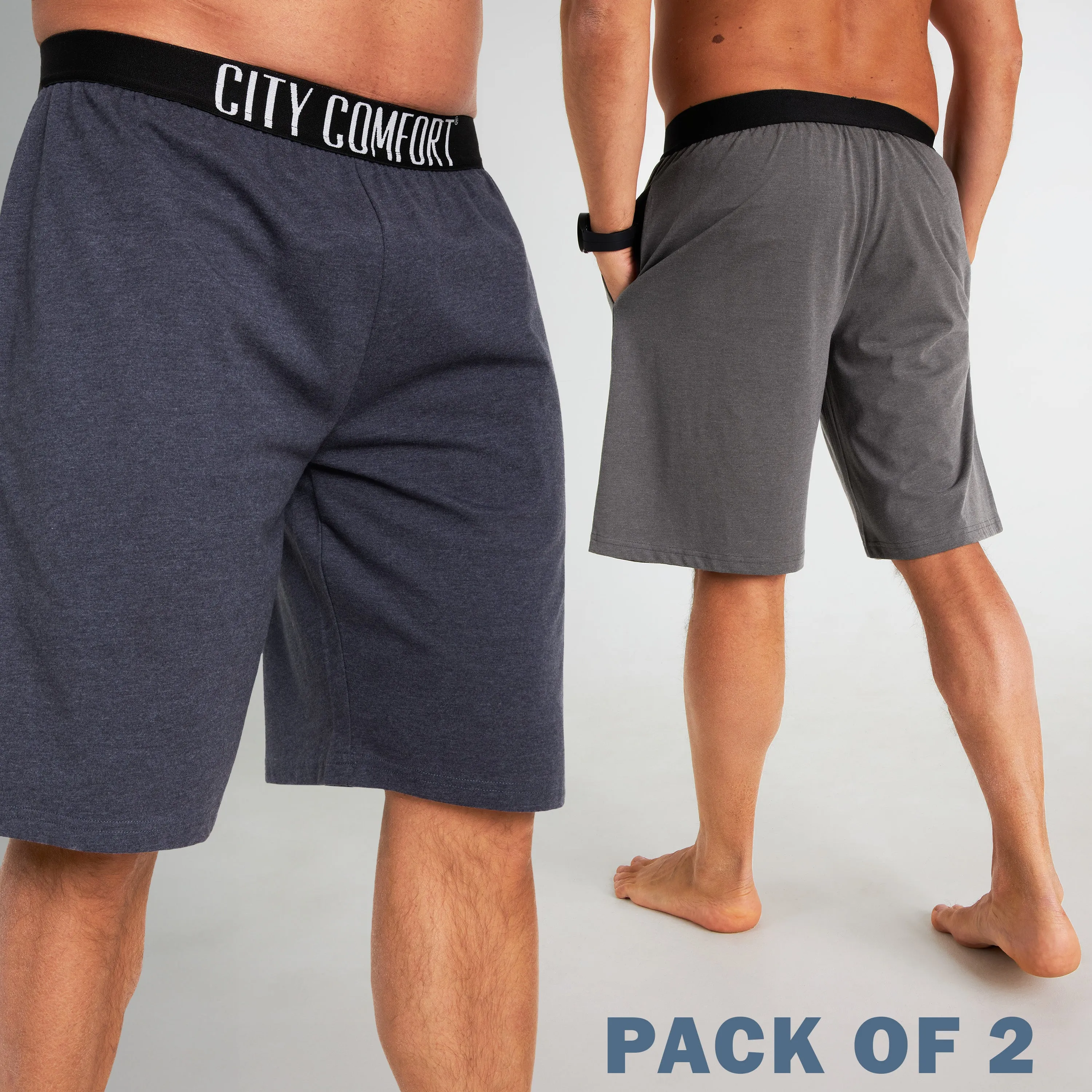 CityComfort Mens Pyjama Shorts - Jersey Lounge Wear with Pockets Pack of 2