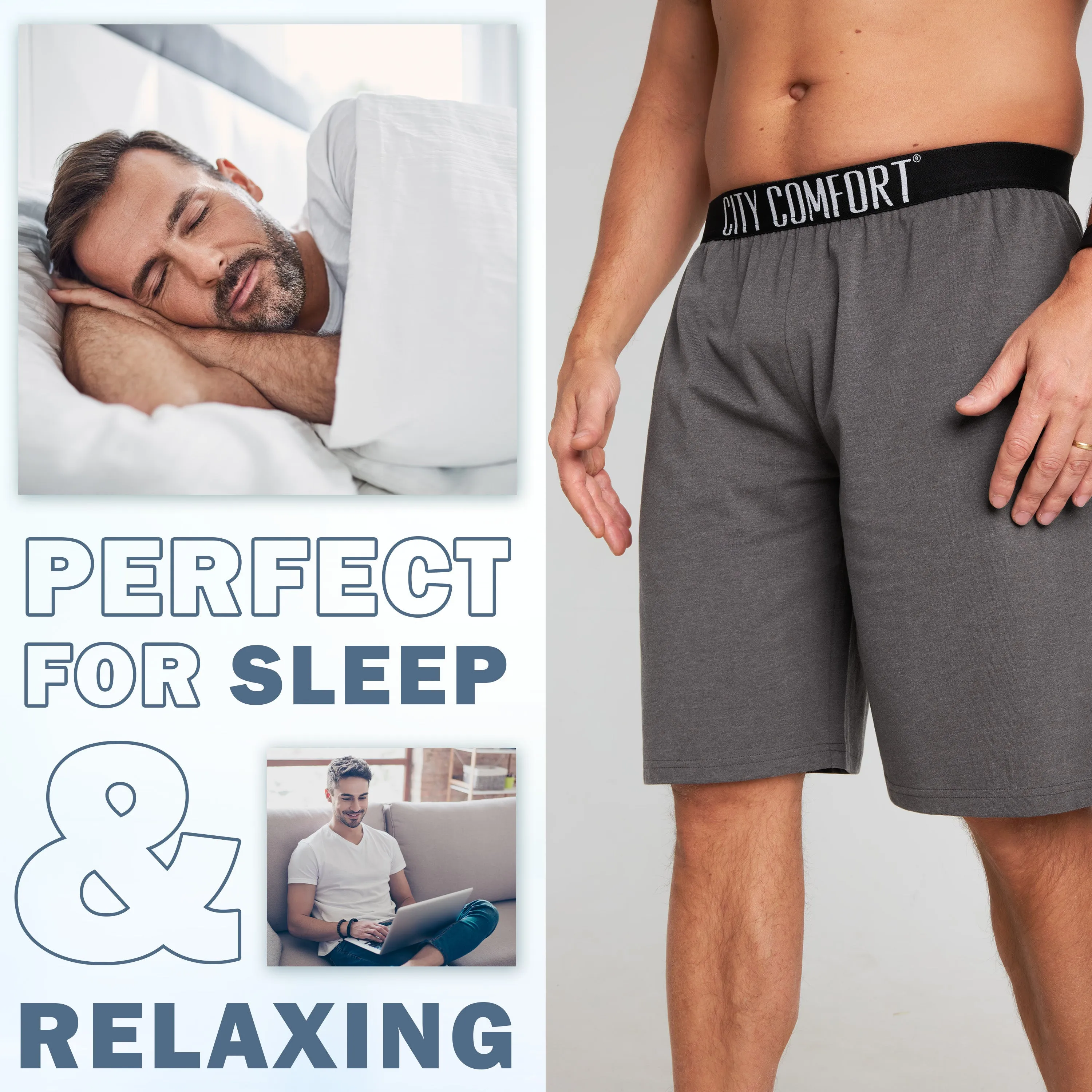 CityComfort Mens Pyjama Shorts - Jersey Lounge Wear with Pockets Pack of 2