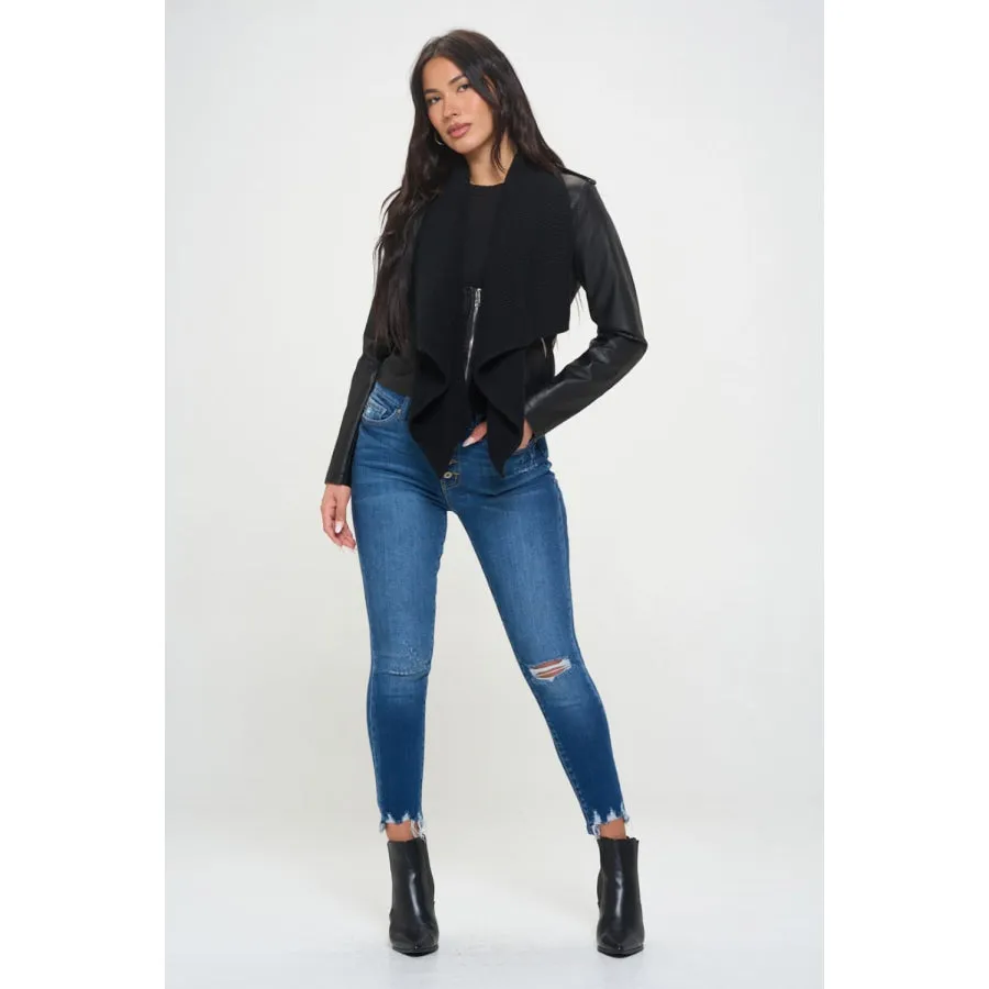 Coalition LA Knit Collared Faux Leather Crop Jacket