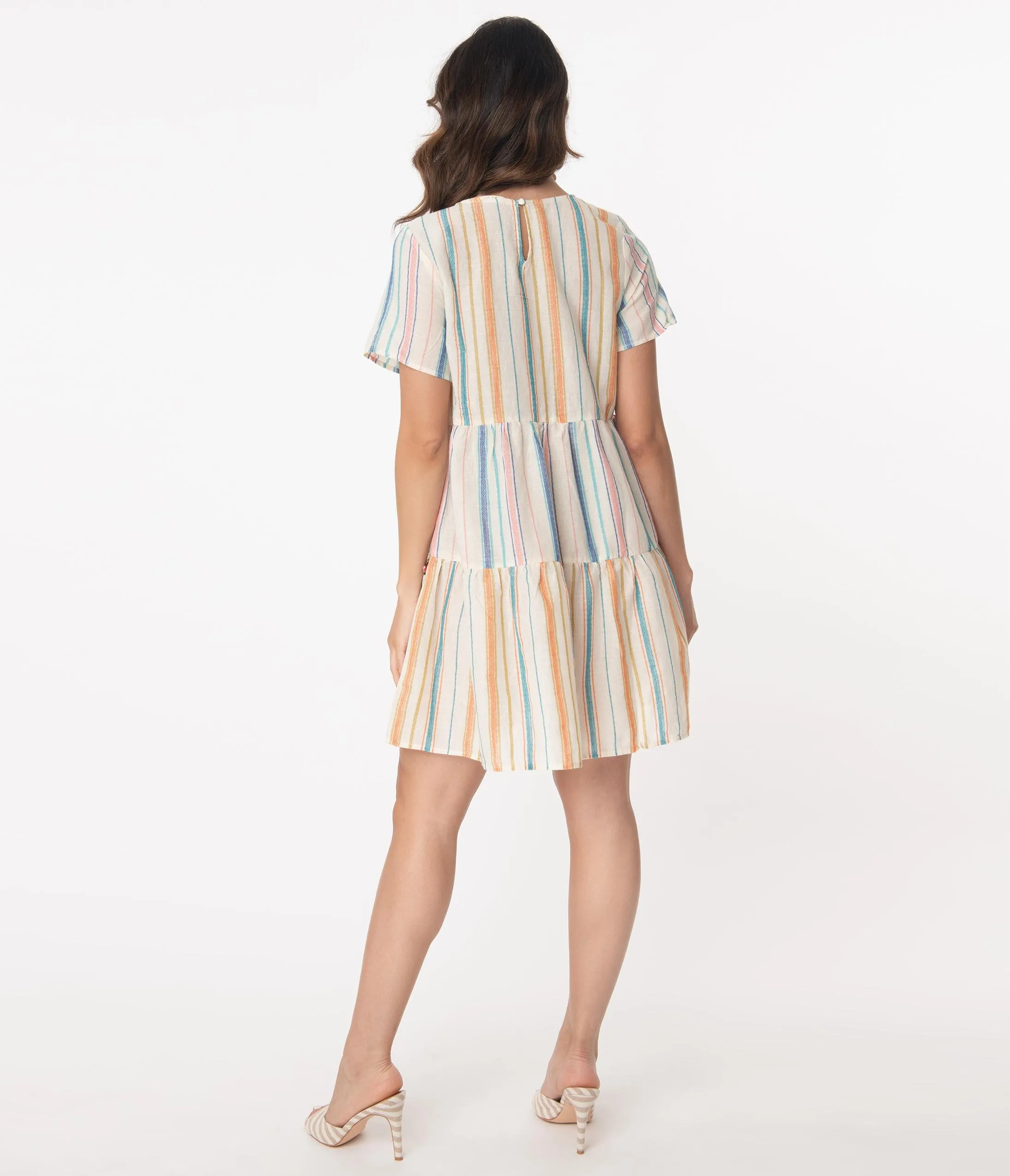 Cream & Multicolor Stripe Pom Pom Fit & Flare Dress