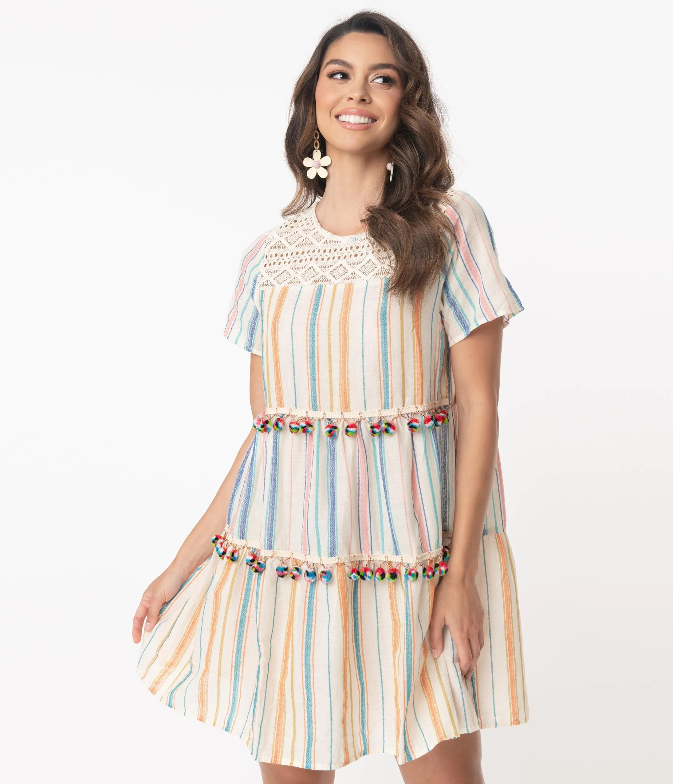 Cream & Multicolor Stripe Pom Pom Fit & Flare Dress