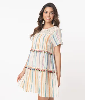 Cream & Multicolor Stripe Pom Pom Fit & Flare Dress