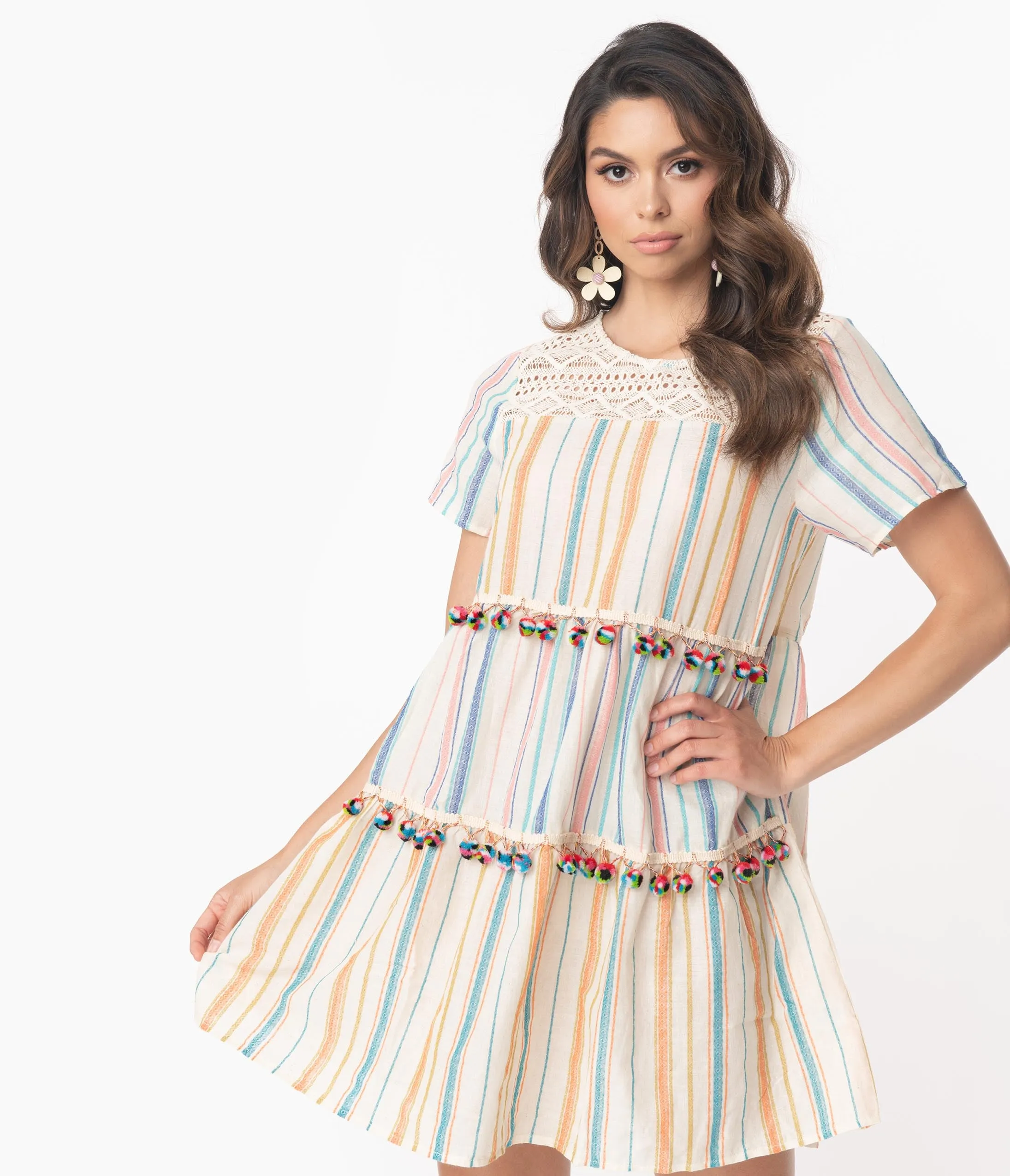 Cream & Multicolor Stripe Pom Pom Fit & Flare Dress
